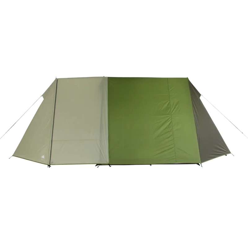 10T Mungaroo 3 Mann Campingzelt in Grün und Beige, rechteckige Form, Stehhöhe, wasserdicht, mit großen Eingängen und Abspannleinen, geeignet als Familienzelt für Outdoor- und Trekking-Aktivitäten.