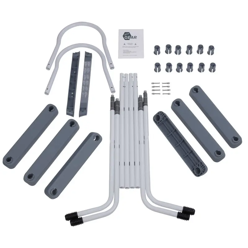 yourGEAR PL106 pool ladder kit for above-ground pools, includes metal frame tubes, grey plastic steps, connectors, screws, and instruction manual, suitable for pools up to 106 cm wall height, disassembled view.