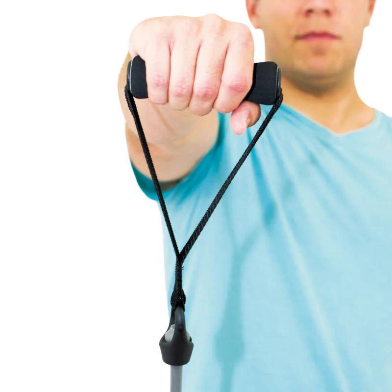 Man holding Spirit Expander Heavy 18kg resistance fitness band with black handles, demonstrating strength training exercise. Ideal for home workouts and muscle training. Fitness equipment in use.