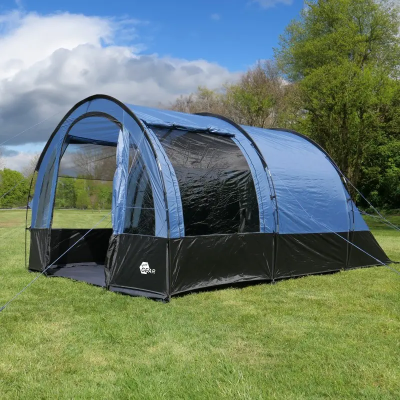 Tente tunnel familiale your GEAR Mistral 4 personnes, 410x250x190 cm, couleur bleu et noir, grande cabine de couchage, fenêtres transparentes, sur pelouse, idéale pour camping, protection UV 50+, étanche 3000 mm.