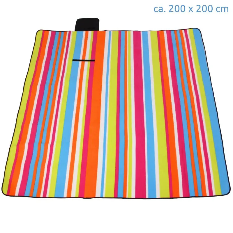 Manta de picnic yourGEAR Stripe XL de 200x200 cm, con superficie de forro polar suave, rayas multicolores, acolchado aislante y base impermeable, ideal para playa, camping y actividades al aire libre.