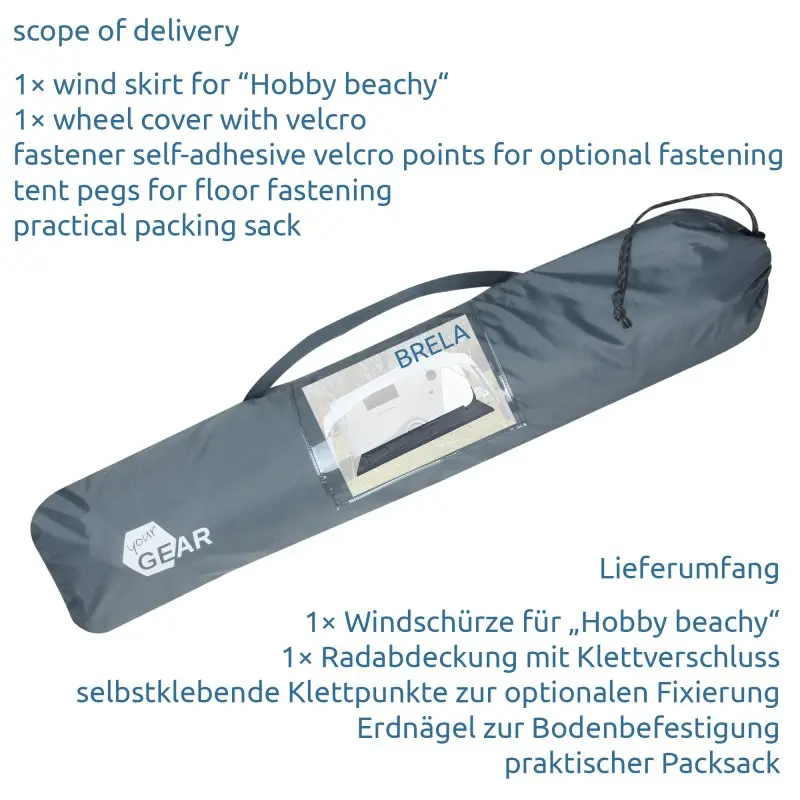 Graue Transporttasche mit your GEAR Logo, darin verpackte Bodenschürze Brela für Hobby Beachy 450 Wohnwagen. Sichtbares Produktbild und Tragegriff, Text zum Lieferumfang mit Windschürze, Radabdeckung und Zubehör.