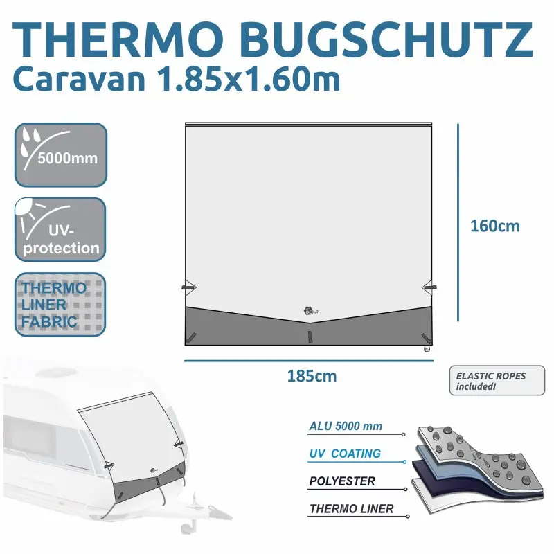 Thermo bug protection cover for caravan, size 185 x 160 cm, with UV protection, 5000 mm water resistance, thermo liner fabric, and elastic ropes. Includes material layer illustration and front installation graphic.