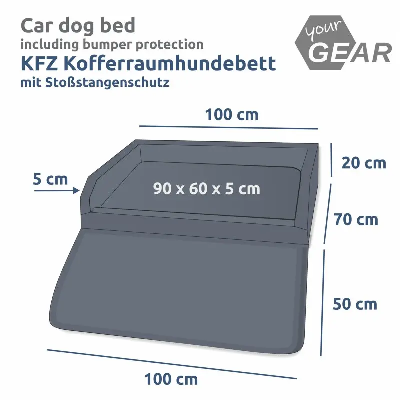 Kofferraum-Hundebett your GEAR Termoli 100 x 70 cm mit gepolsterten Seiten, fest angenähtem Stoßfängerschutz (50 cm), Innenmaß 90 x 60 x 5 cm, ideal für Autos, universelle Passform, dunkelgrau.