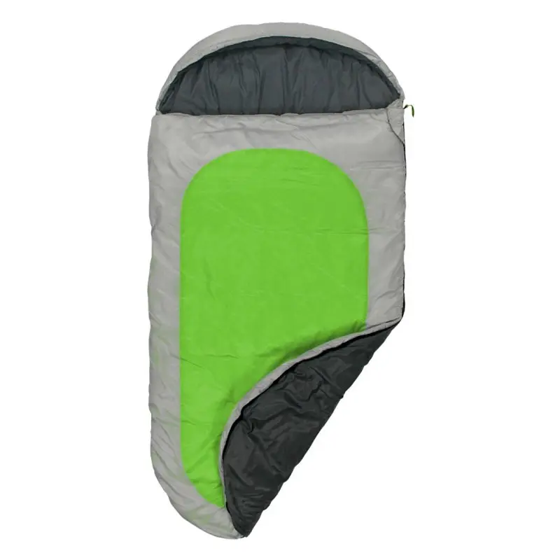 Sacco a pelo grigio con interno nero e grande pannello verde centrale, aperto parzialmente sul lato destro.