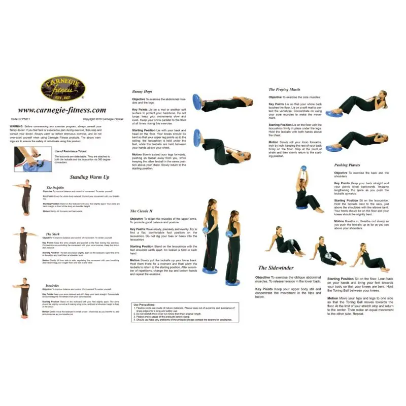 Alt-Text: Anleitung mit Übungen für das Carnegie O² Balance Pilates Sitz-Kissen, zeigt Frau auf blauem Balance Board mit Widerstandsband und Gewichtsball, verschiedene Fitness- und Koordinationsübungen illustriert.
