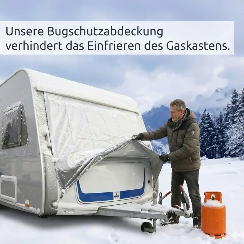 your GEAR caravan thermal bug protection cover 145 x 160 cm on caravan front, snow-covered, man lifting cover, protects gas box from freezing, ideal for winter weather, mountains and trees in background.