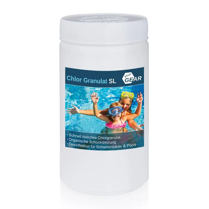 yourGEAR 1 kg Chlorine Granules SL, fast-dissolving active chlorine 56% for pools, white plastic container with blue label, product image showing pool and swimmers, disinfection for pools and spas.