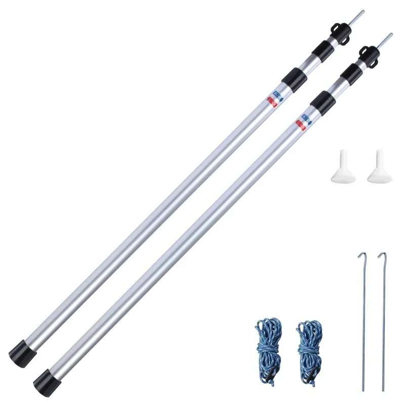 Set de 2 barras telescópicas de aluminio yourGEAR (90-230 cm), con topes, cuerdas tensores y piquetas. Ideal para montar tiendas, toldos o tarps. Ajuste de longitud mediante sistema de rosca.