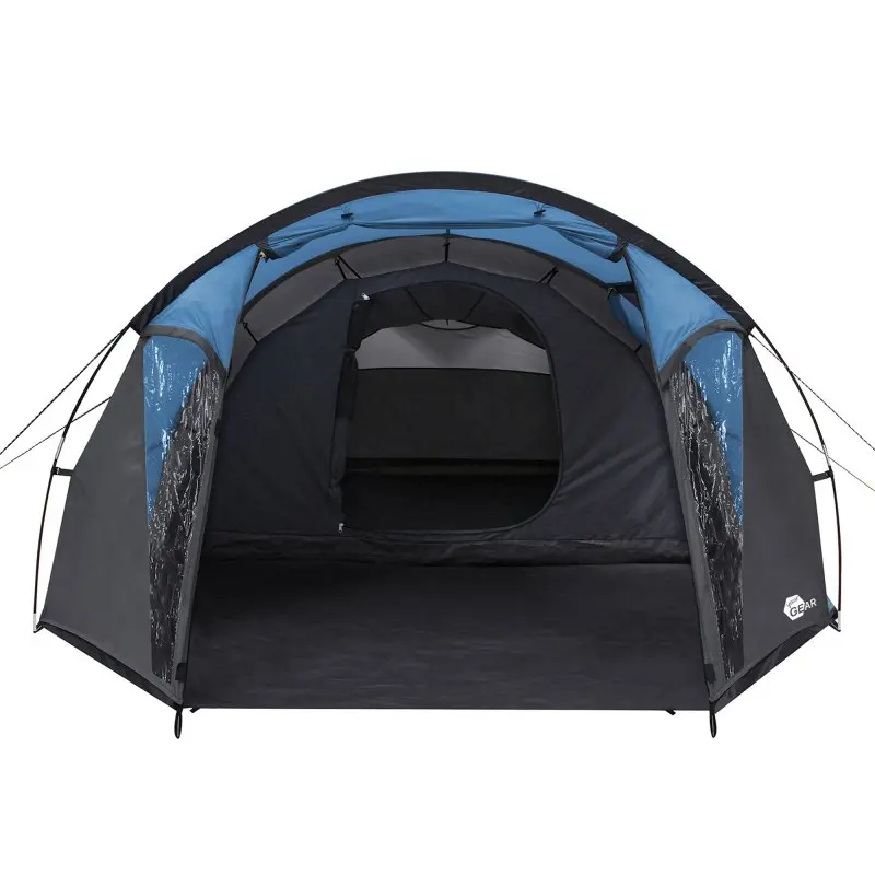 your GEAR Sopero 4-person tunnel tent in blue and black, featuring a large front entrance, side windows, spacious vestibule, and waterproof design with 5000 mm rating, ideal for camping and trekking.
