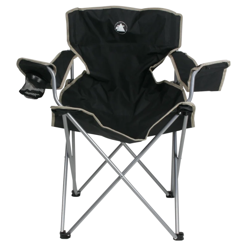 Sedia da campeggio pieghevole 10T Quickfold Easy nera con braccioli, portabicchieri in rete sul bracciolo sinistro e telaio in metallo, adatta per outdoor, campeggio e pesca, portata massima 120 kg.