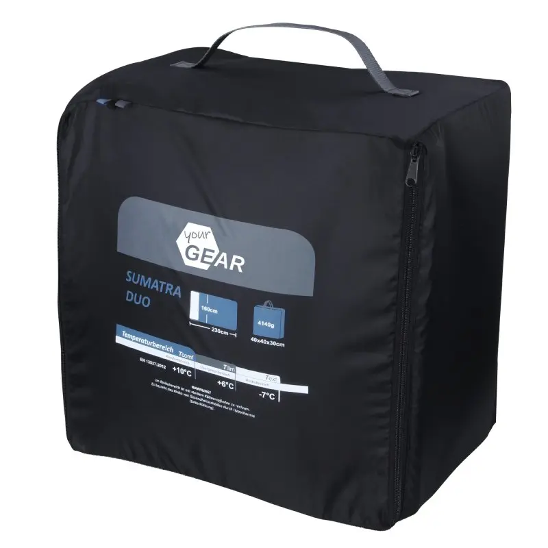 yourGEAR 2 Mann Schlafsack Sumatra Duo in schwarzer Transporttasche mit Tragegriff, Produktinformationen und Temperaturangaben sichtbar, Maße 230x160cm, geeignet bis -7°C, Baumwollfutter, ideal für Camping.