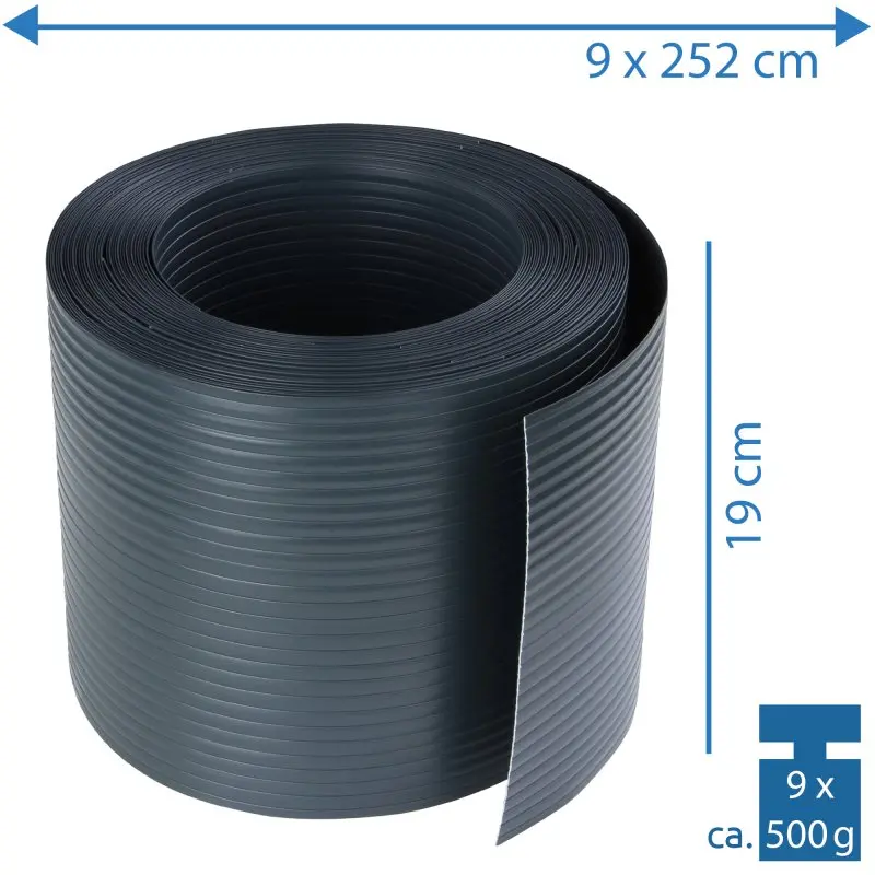 Rouleau de 9 bandes de lattes occultantes yourGEAR en PVC rigide, gris, dimensions 252x19 cm, surface nervurée, pour clôtures à barreaux simples et doubles, poids total env. 500 g, protection visuelle pour jardin.