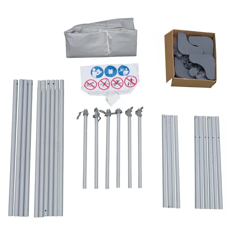 Einzelteile des yourGEAR Familien Pool 3x2x0,7m: graue Poolfolie, pulverbeschichtete Stahlrohre, Verbindungsstücke, Anleitung und Kunststoffteile, geeignet für schnellen Aufbau eines rechteckigen Stahlrahmen-Gartenpools.