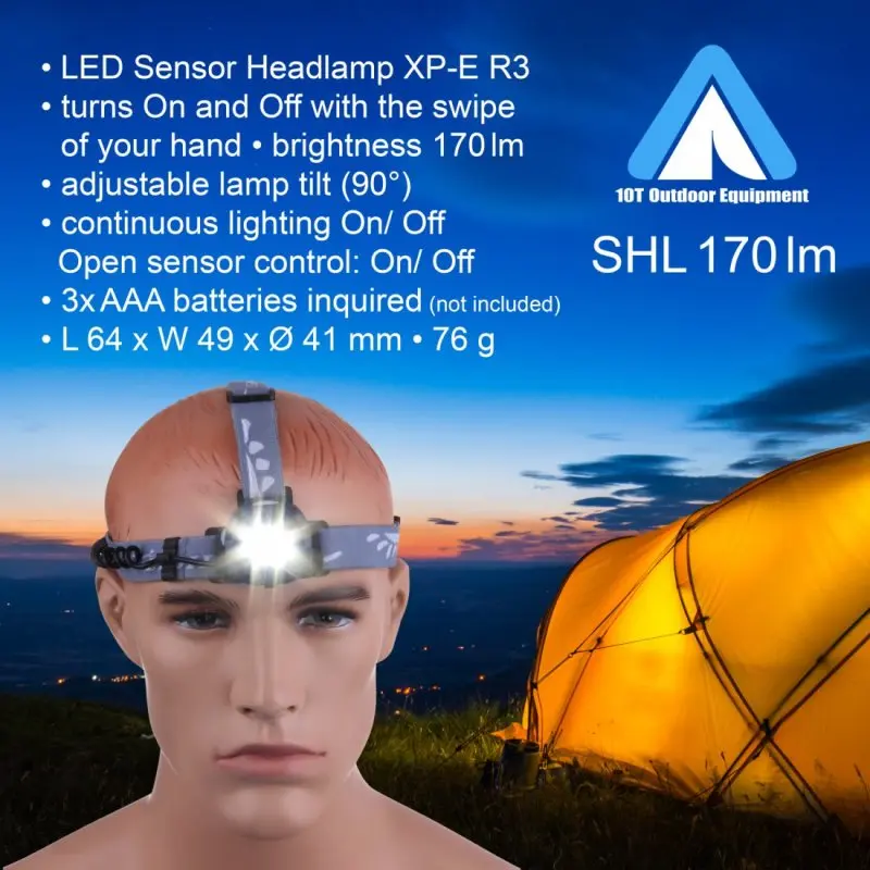 Blue 10T SHL 170 headlamp with CREE XP-E R3 LED, 170 lumens, adjustable tilt, and IR gesture sensor, shown worn on mannequin; tent and sunset background, product specs and logo visible.