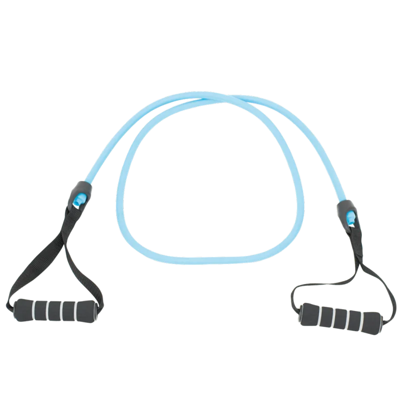 Light blue Spirit Expander Light 9kg resistance fitness band with black foam handles, designed for strength and endurance training at home, gym, or outdoors. Durable tubing with ergonomic grip for versatile workouts.
