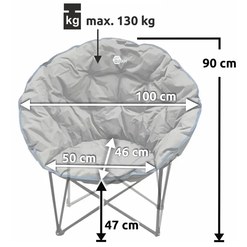 Sedia da campeggio yourGEAR Ortona XXL Moon Chair, pieghevole, tonda, diametro 100 cm, altezza 90 cm, seduta 47 cm, struttura metallica, imbottita, portata massima 130 kg, colore grigio.