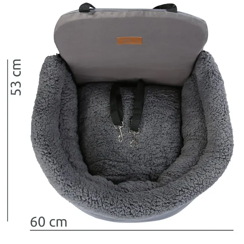 your GEAR Frontera dog car seat, grey, with soft plush lining, high padded sides, two adjustable safety leashes, fits front or back seat; dimensions 60 cm wide, 53 cm high, suitable for safe pet transport in cars.