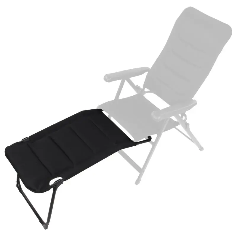 yourGEAR Footrest Sovana 3D—black leg rest with padded 3D mesh cover and sturdy aluminum frame, shown attached to a reclining camping chair; ideal as a footrest for outdoor chairs.