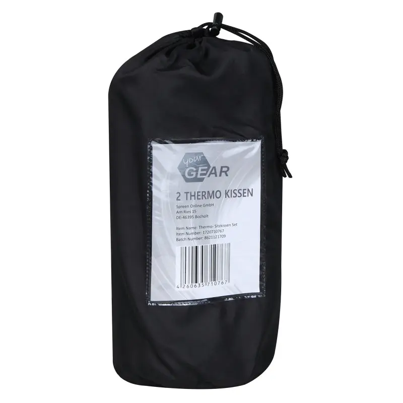Bolsa negra con etiqueta transparente que contiene un set de 2 cojines térmicos autoinflables yourGEAR, ideal para camping o viajes, tamaño 40x30x3,5 cm, compactos y fáciles de transportar.