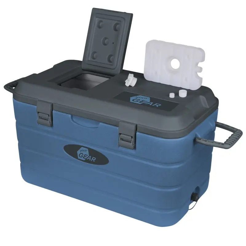 yourGEAR Coolah 40 L Kühlbox, passive Thermobox in Blau mit PU-Isolierung, grauem Deckel, seitlichen Tragegriffen, Verschlussclips und Zubehör auf dem Deckel. Ideal zum Kühlen oder Warmhalten von Lebensmitteln.