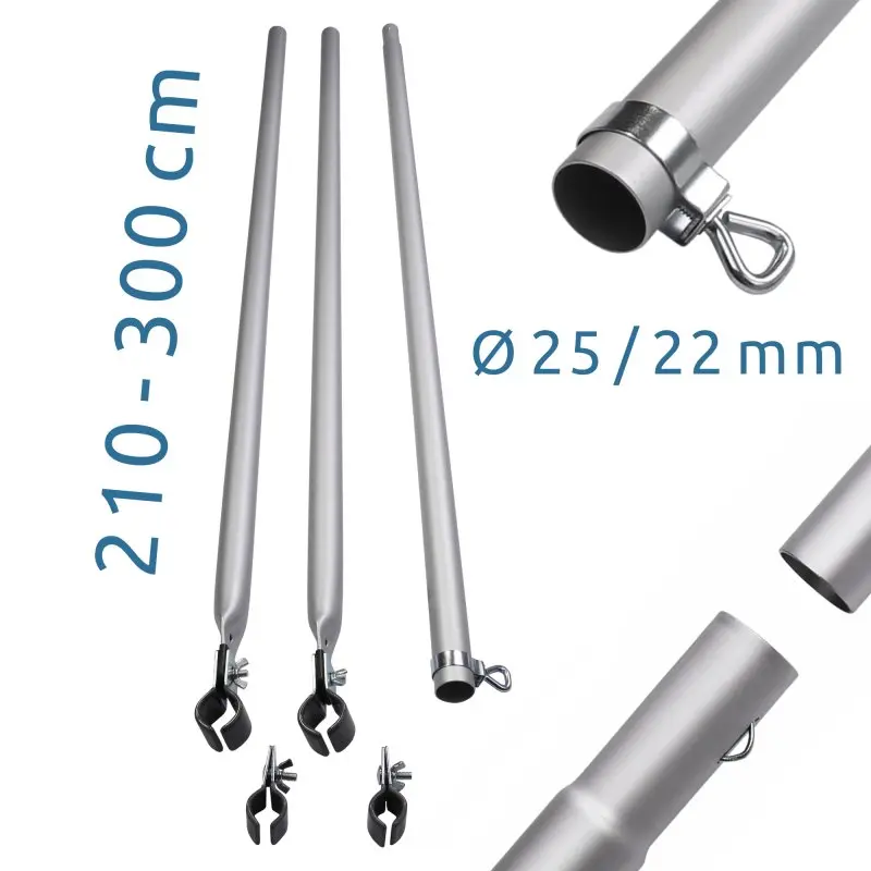 Three-piece your GEAR Connection Pole made of matte anodized aluminum, telescopic from 210 to 300 cm, with 25/22 mm diameter and clamp fasteners, shown for use with tent or awning frames.