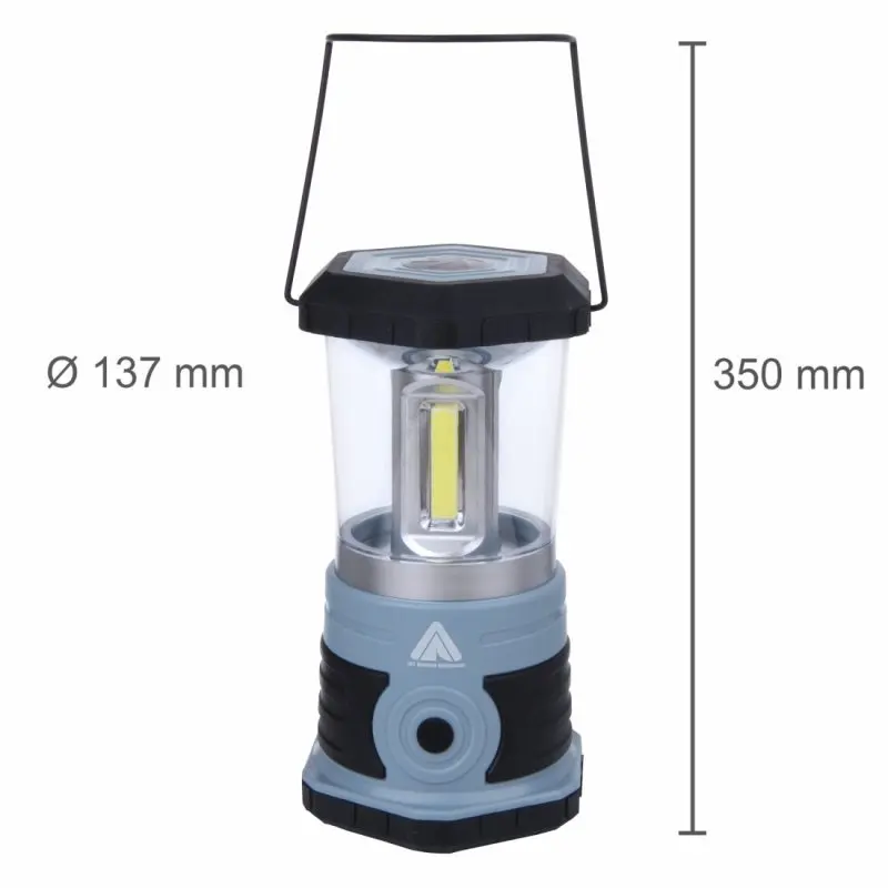 Blue 10T HPL 800 camping lantern with 800 lumens, 3 COB LEDs, 15W power. Features a black handle, cylindrical shape, and rubberized base. Dimensions: 137 mm diameter, 350 mm height. Suitable for outdoor use.