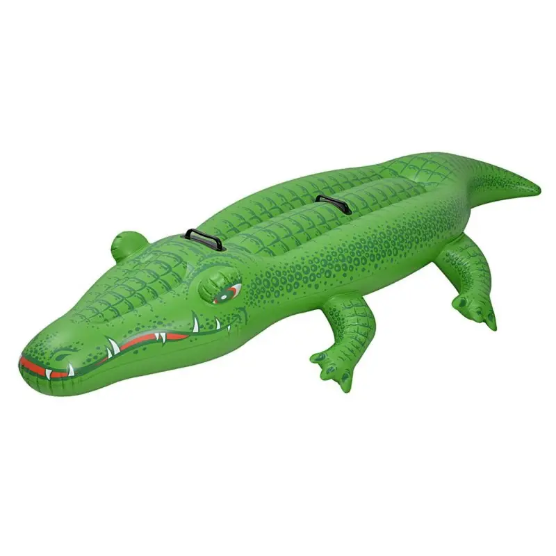 Jilong flotador gigante en forma de cocodrilo verde, tamaño 200x100 cm, con dos asas negras en la parte superior, detalles impresos y espacio para dos niños, ideal para piscina o playa.