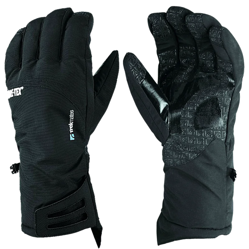 Trekmates Skiddaw S men’s black Gore-Tex gloves with Primaloft insulation, textured grip palm, pre-shaped fingers, adjustable cuff, waterproof, windproof, and breathable outdoor winter design.