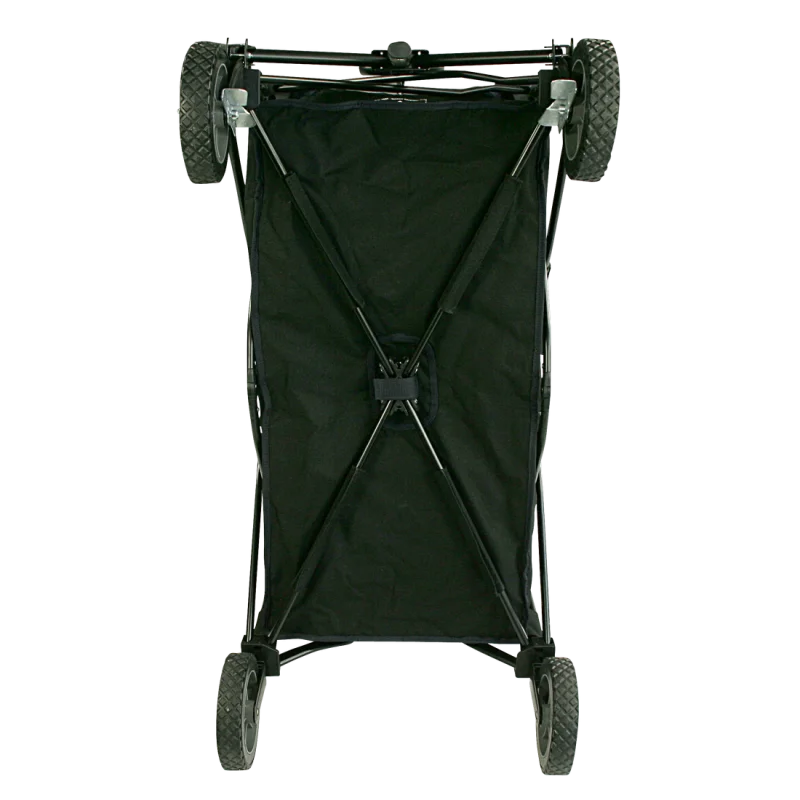 Chariot de plage pliable 10T Foldy Trolley XL en position repliée, structure noire robuste, tissu résistant, grandes roues tout-terrain, idéal pour le transport au parc ou à la plage.