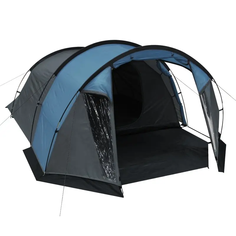 your GEAR Sopero 4-person tunnel tent, blue and grey, with large vestibule, side entrance, clear window, waterproof 5000 mm, spacious interior, ideal for camping, trekking, and festivals.
