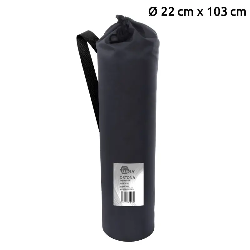 Sacca di trasporto nera yourGEAR per sedia da campeggio Ortona XXL Moon Chair, con tracolla, etichetta frontale e dimensioni 22 cm di diametro x 103 cm di altezza, ideale per il trasporto e lo stoccaggio.