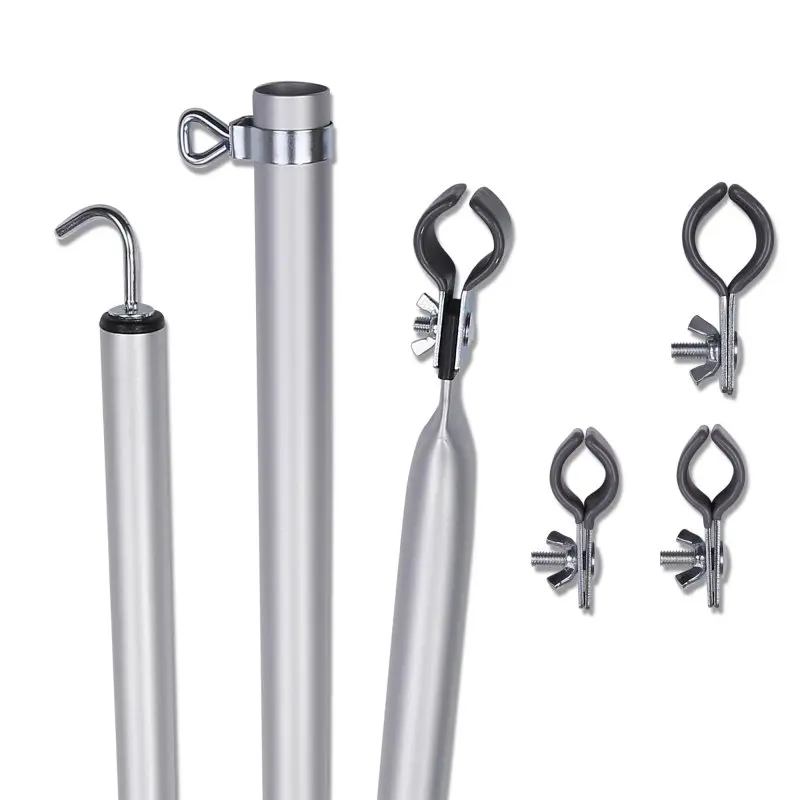 Dos varillas de techo telescópicas de aluminio para caravanas de 230-325 cm, con ganchos ajustables y cuatro abrazaderas para fijación, ideales para reforzar y asegurar estructuras de avance.