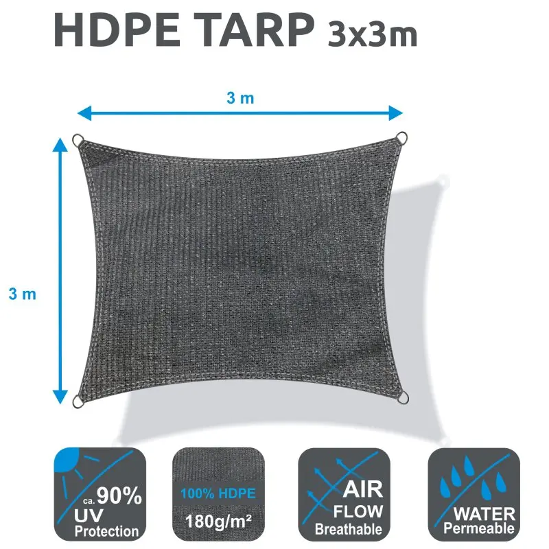 Bâche d’ombrage yourGEAR HDPE grise 3x3 m, carrée, perméable à l’air et à l’eau, protection UV 90 %, matériau 100 % HDPE 180g/m², idéale pour terrasse, balcon, jardin ou camping.