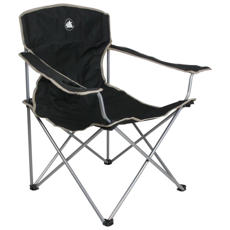 Sedia da campeggio pieghevole 10T Quickfold Easy nera con struttura in metallo, braccioli, portabicchieri integrato e bordo beige, ideale per outdoor, giardino, pesca, portata fino a 120 kg.