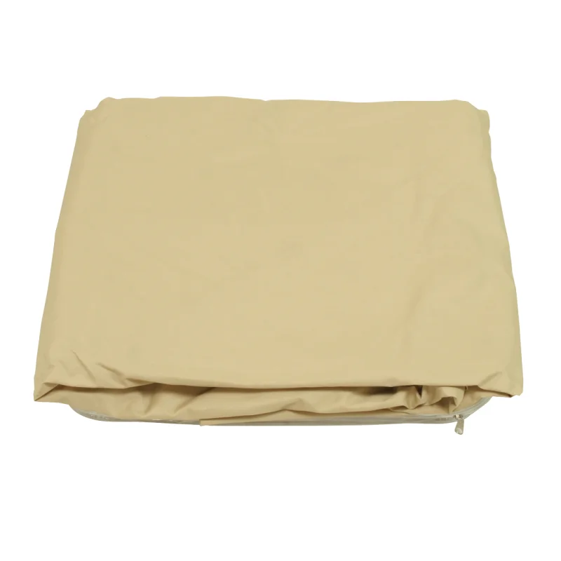 Tarp triangulaire beige 10T Wilson 3,6 m, plié, tissu imperméable et résistant UV 80+ pour protection solaire, livré avec sac de transport, idéal camping, jardin, terrasse et balcon.