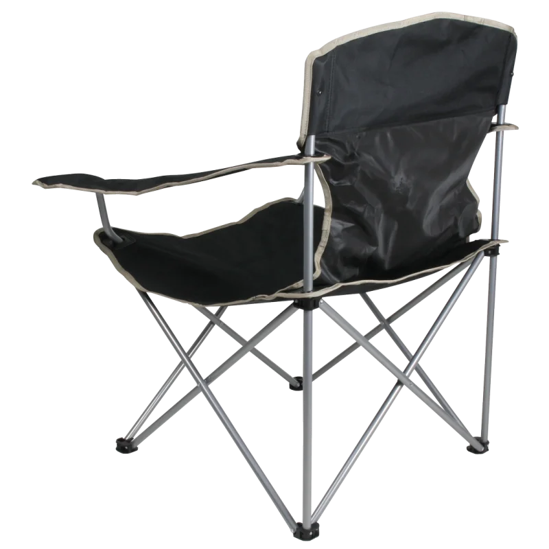 Sedia da campeggio pieghevole 10T Quickfold Easy, struttura in metallo, tessuto nero, braccioli con portabicchiere integrato, supporta fino a 120 kg, ideale per campeggio, pesca e attività all’aperto.