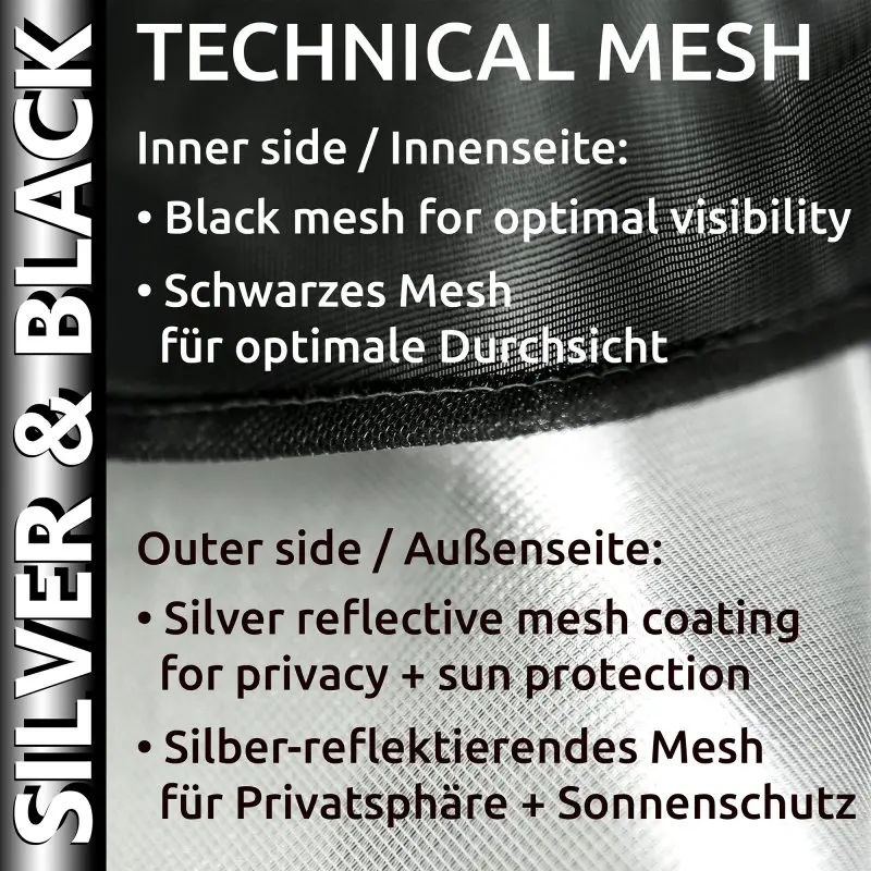 Sonnenschutzmatte your GEAR Brindisi Plus: Detailaufnahme der silber-reflektierenden Außenseite und der schwarzen Mesh-Innenseite, Text zu Sichtschutz, Sonnenschutz und optimaler Durchsicht.