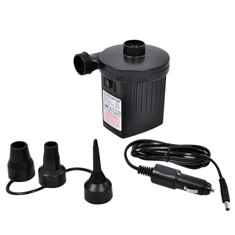 Bomba de aire eléctrica Jilong 230V/12V negra, incluye tres boquillas adaptadoras y cable con conector para coche, ideal para inflar colchones, piscinas y artículos inflables.