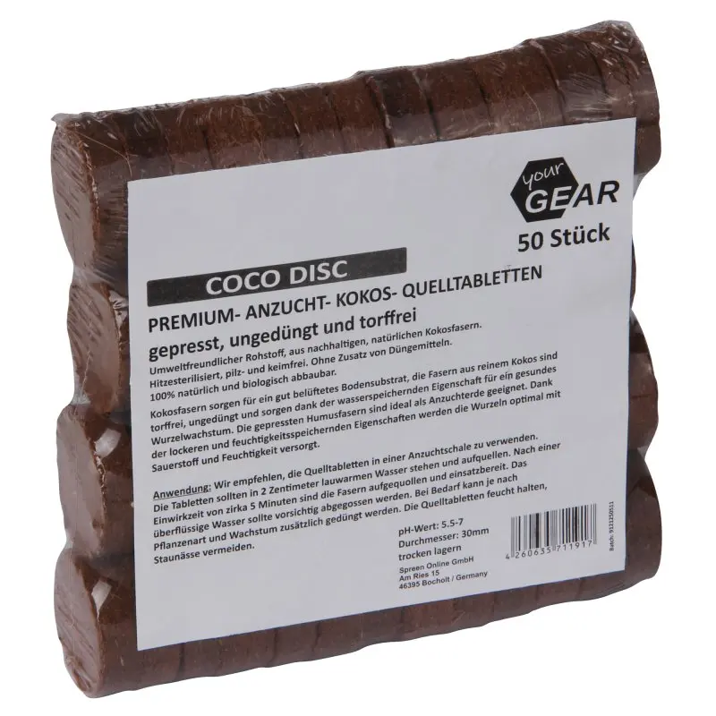 Paquet de 50 pastilles de coco yourGEAR pour semis et culture, diamètre 3 cm, non fertilisées, sans tourbe, comprimées, emballées dans un sachet plastique transparent avec étiquette descriptive en allemand.