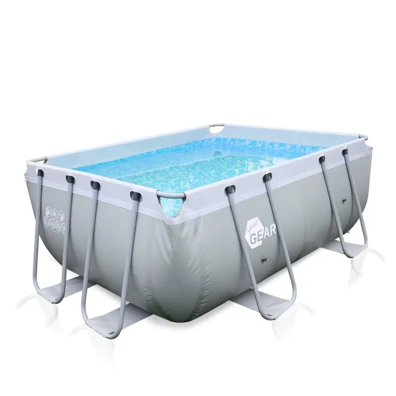Piscina familiar your GEAR de 3x2x1 m, rectangular, con estructura de acero, exterior gris claro y blanco, interior con mosaico azul, ideal para jardín o terraza.
