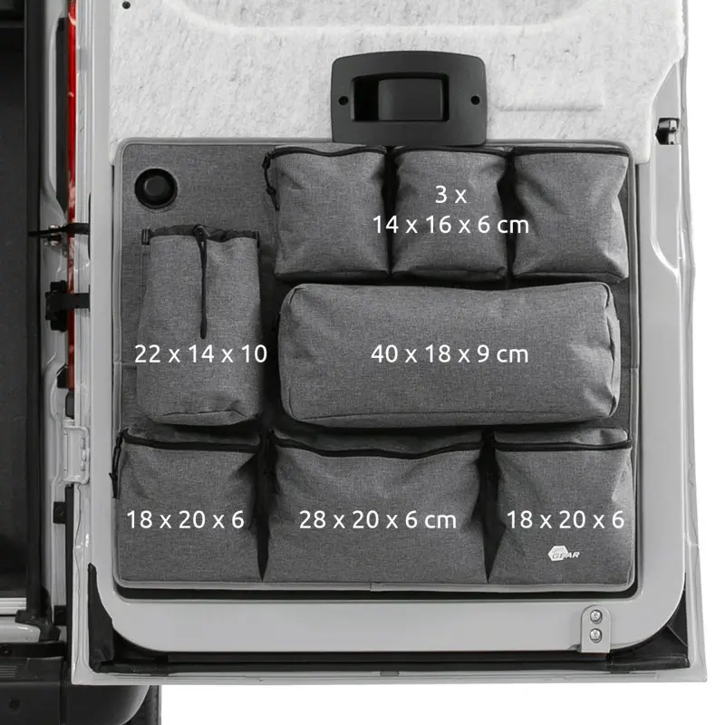 your GEAR Ortles R organizer for camper van rear door right, with 8 grey storage pockets in various sizes, labeled with dimensions, mounted on the inside of a van door for organized storage of travel and camping gear.