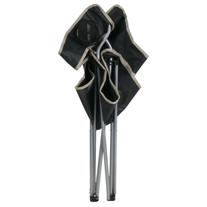Sedia da campeggio pieghevole 10T Quickfold Easy nera con struttura in metallo, braccioli e portabicchieri, portata massima 120 kg, mostrata in posizione chiusa e pronta per il trasporto.