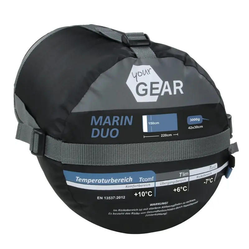 Saco de dormir doble your GEAR Marin Duo para 2 personas, negro y gris, 220x150 cm, compacto en bolsa de compresión, temperatura hasta -7°C, ideal para camping y 3-4 estaciones.