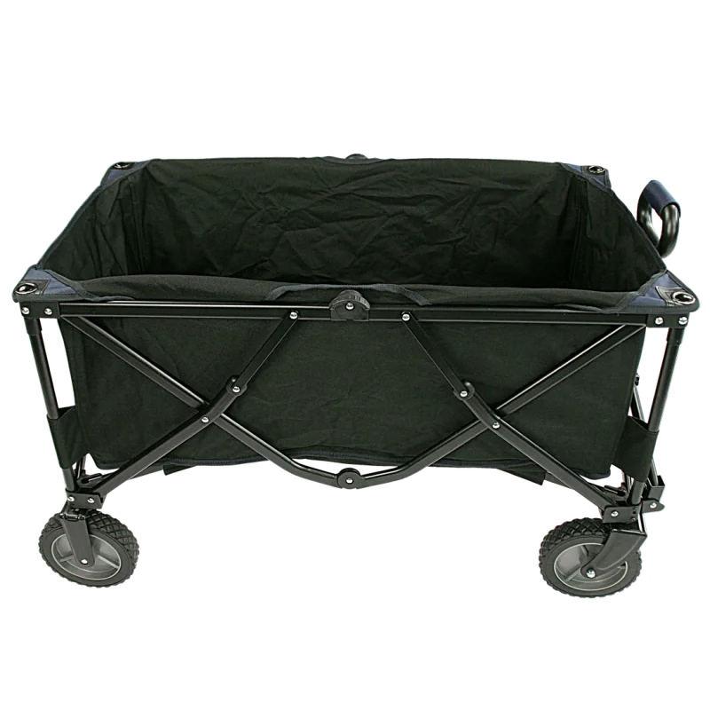Chariot pliable 10T Foldy Trolley XL noir avec cadre métallique robuste, grandes roues adaptées aux plages, tissu résistant, poignée de traction ergonomique, idéal pour le transport en extérieur et les sorties familiales.