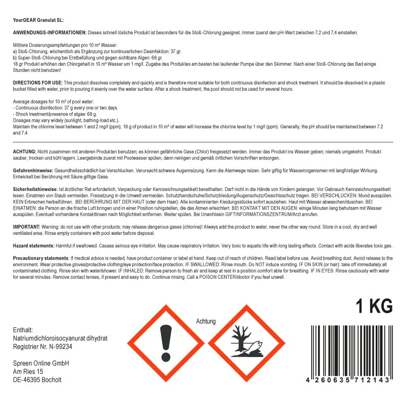 yourGEAR 1 kg fast-dissolving chlorine granules SL, 56% active chlorine, white label with safety warnings, hazard symbols, product information in German and English, barcode, and manufacturer details.