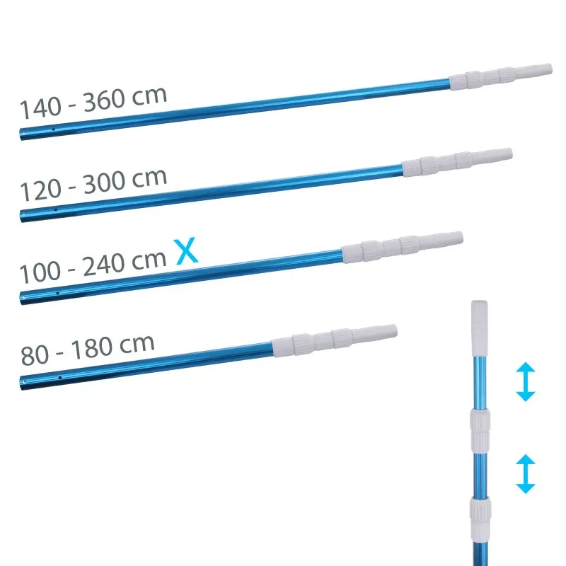 Blueborn Poolstange PPS-3x80, dreiteilige teleskopierbare Aluminiumstange, blau mit weißen Griffen, Länge von 100 bis 240 cm einstellbar, ideal für Poolreinigung und Wasserpflege.