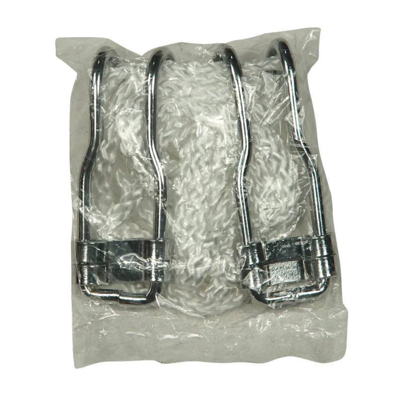 Juego de fijación para hamaca 10T Devellin XL: incluye cuerdas blancas resistentes y ganchos metálicos plateados, empaquetados en bolsa plástica transparente, ideal para colgar hamacas de algodón.