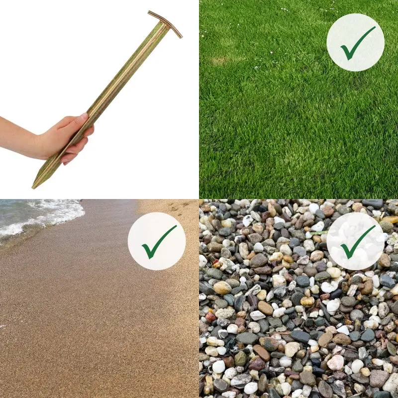 Hering en acier your GEAR TT 400, profilé en T, 400 mm, robuste pour tente, illustré en main et adapté aux sols gazon, sable, gravier, avec des coches vertes indiquant leur compatibilité.