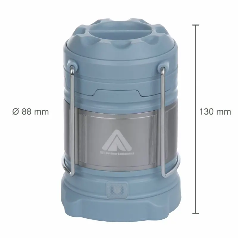 Blue 10T CPL 185 camping lantern with silver accents, foldable handles, and 10T Outdoor Equipment logo. Dimensions: 130 mm height, 88 mm diameter. Compact, cylindrical, suitable for outdoor use.